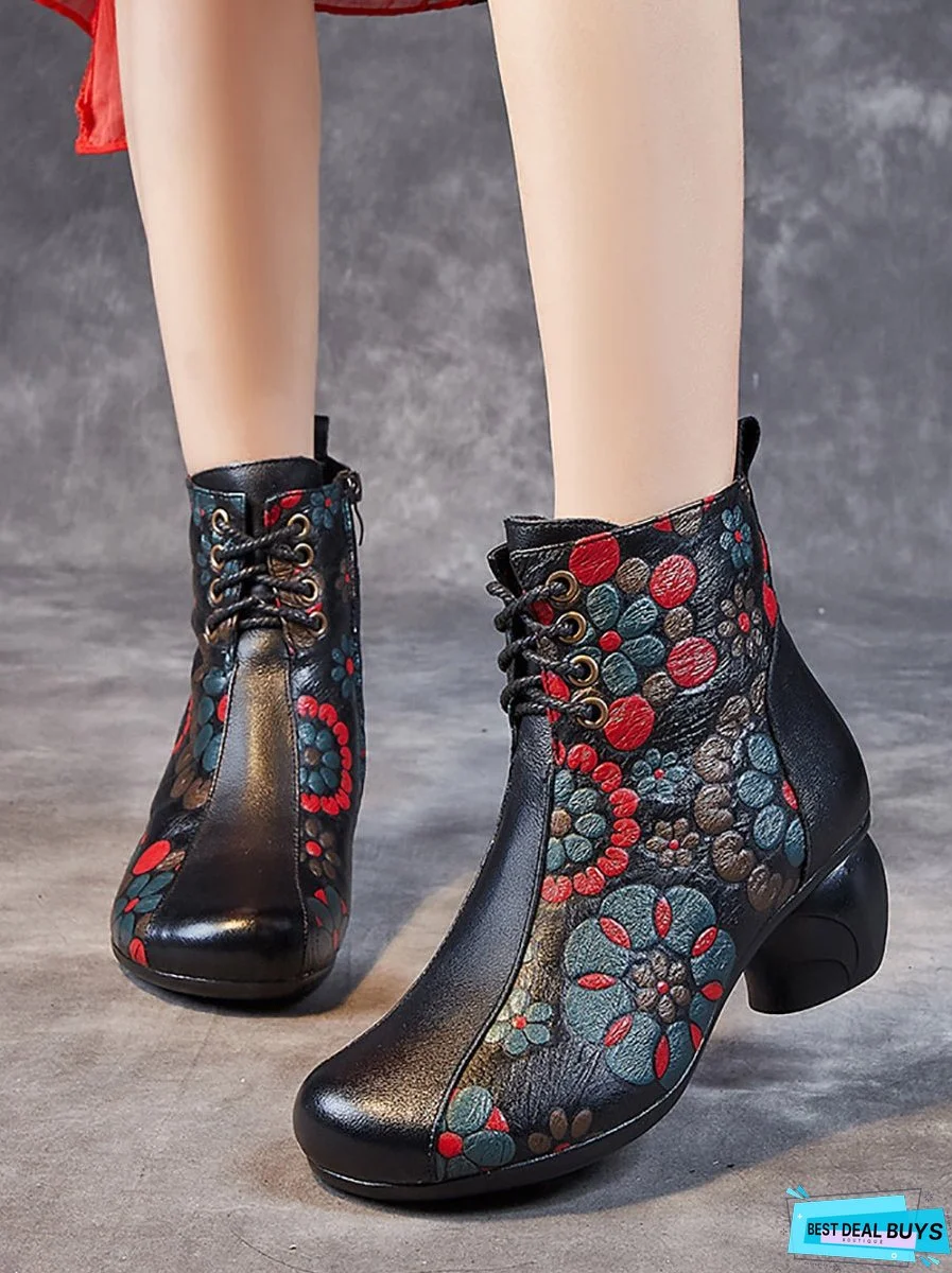 Women Retro Leather Flower Print Chunky Heel Boots