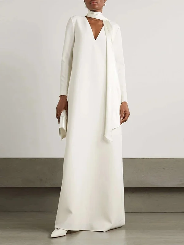 Budgetg 2023 New Spring Autumn White V-Neck Scarf Elegant Party Evening Dress Long Sleeves Loose Vestido Maxi Dresses For Women