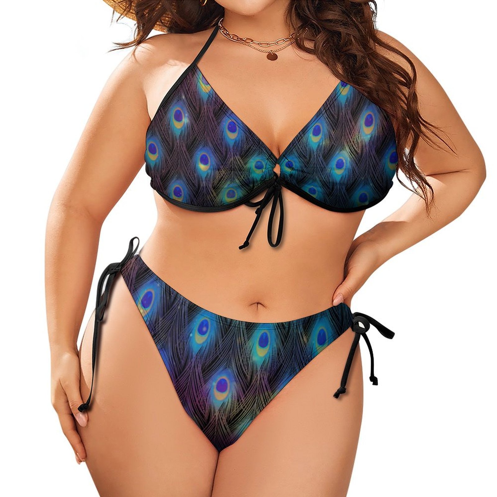 Women's Peacock Feather Plus Size Triangle Bikini String Two Piece Halter Tie Side Swimsuit