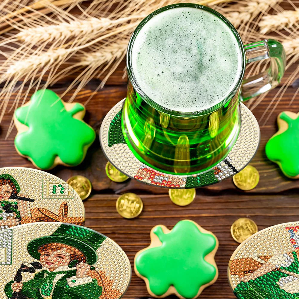 8pcs DIY Saint Patricks Day Wooden Diamond Painting Art Coaster Kit with Holder for Adults Kids