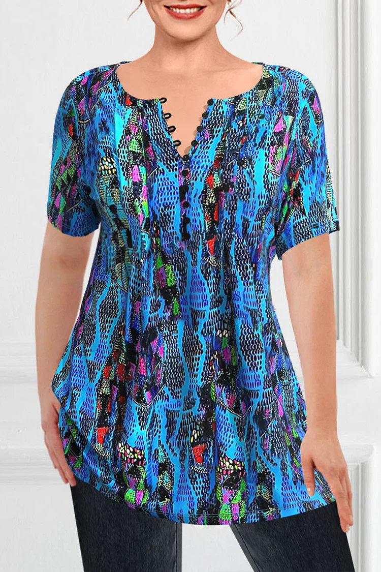 Flycurvy Plus Size Casual Blue Colorful Geometric Print Decorative Button Blouse  Flycurvy [product_label]