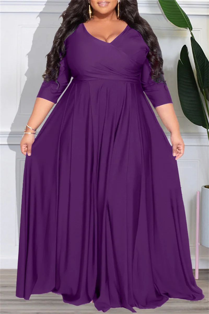 Dark Purple Casual Solid Patchwork V Neck Long Sleeve Plus Size Dresses | EGEMISS