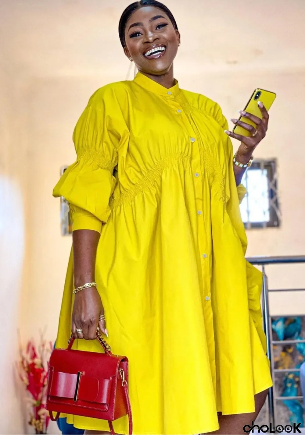 Autumn Casual Yellow Oversizes O-Neck Pleated Blouse Dress
