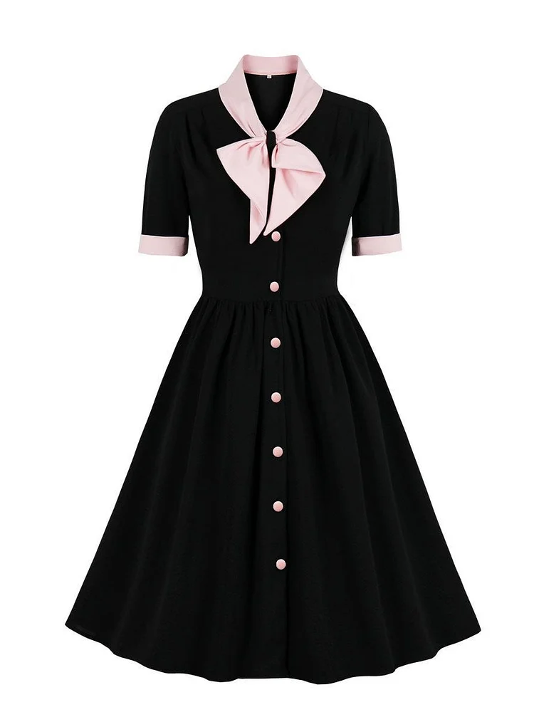 Mayoulove Black Prom Dress For Women Pink Bow Stitching Neckline Swing Dress-Mayoulove