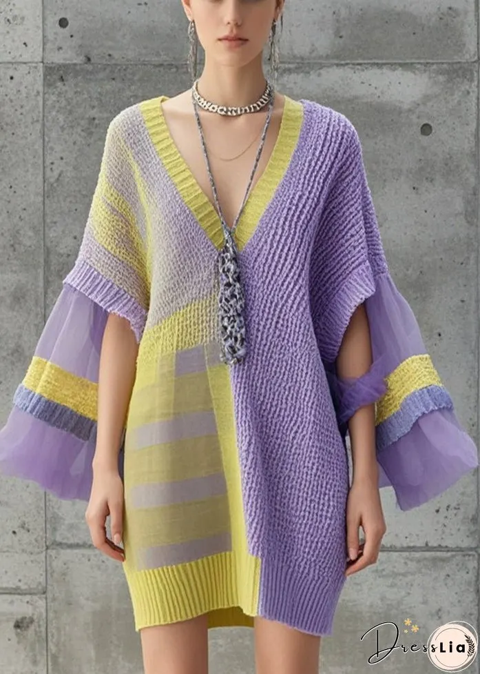 Women Lavender Asymmetrical Patchwork Tulle Knitwear Dress Fall