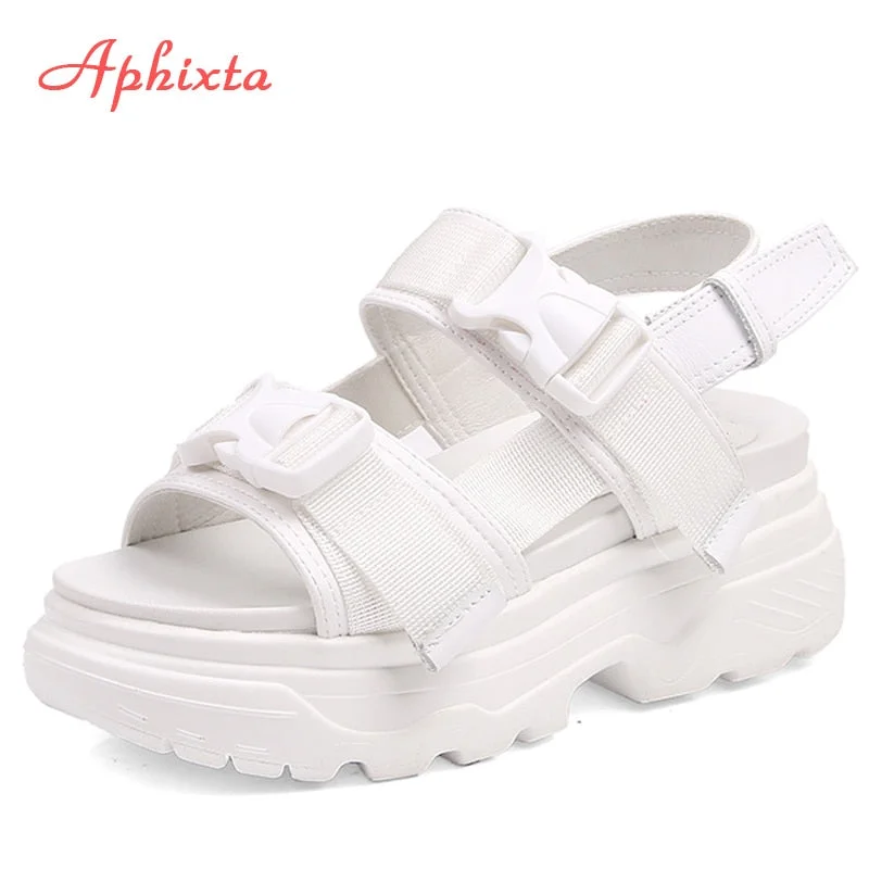 Aphixta 8cm Platform Sandals Women Wedge High Heels Shoes Women Buckle Leather Canvas Summer Zapatos Mujer Wedges Woman Sandal