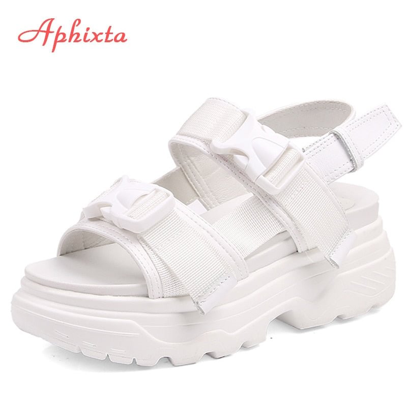 Aphixta 8cm Platform Sandals Women Wedge High Heels Shoes Women Buckle Leather Canvas Summer Zapatos Mujer Wedges Woman Sandal
