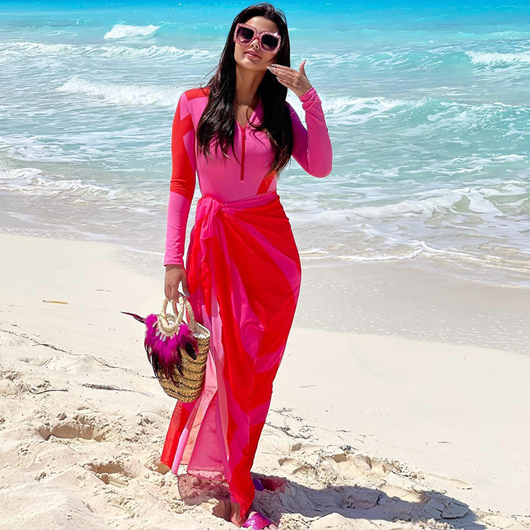 Color Block Long Sleeve Zip Front One Piece Swimsuit and Sarong