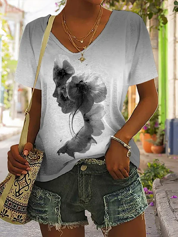 Gorgeious Girl With Flower Print V Neck T Shirt