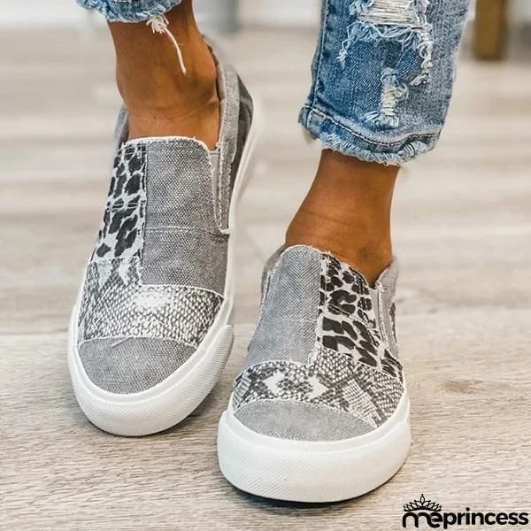 Lydiashoes Pieced Raw Edge Animal Print Canvas Slip-On Flats