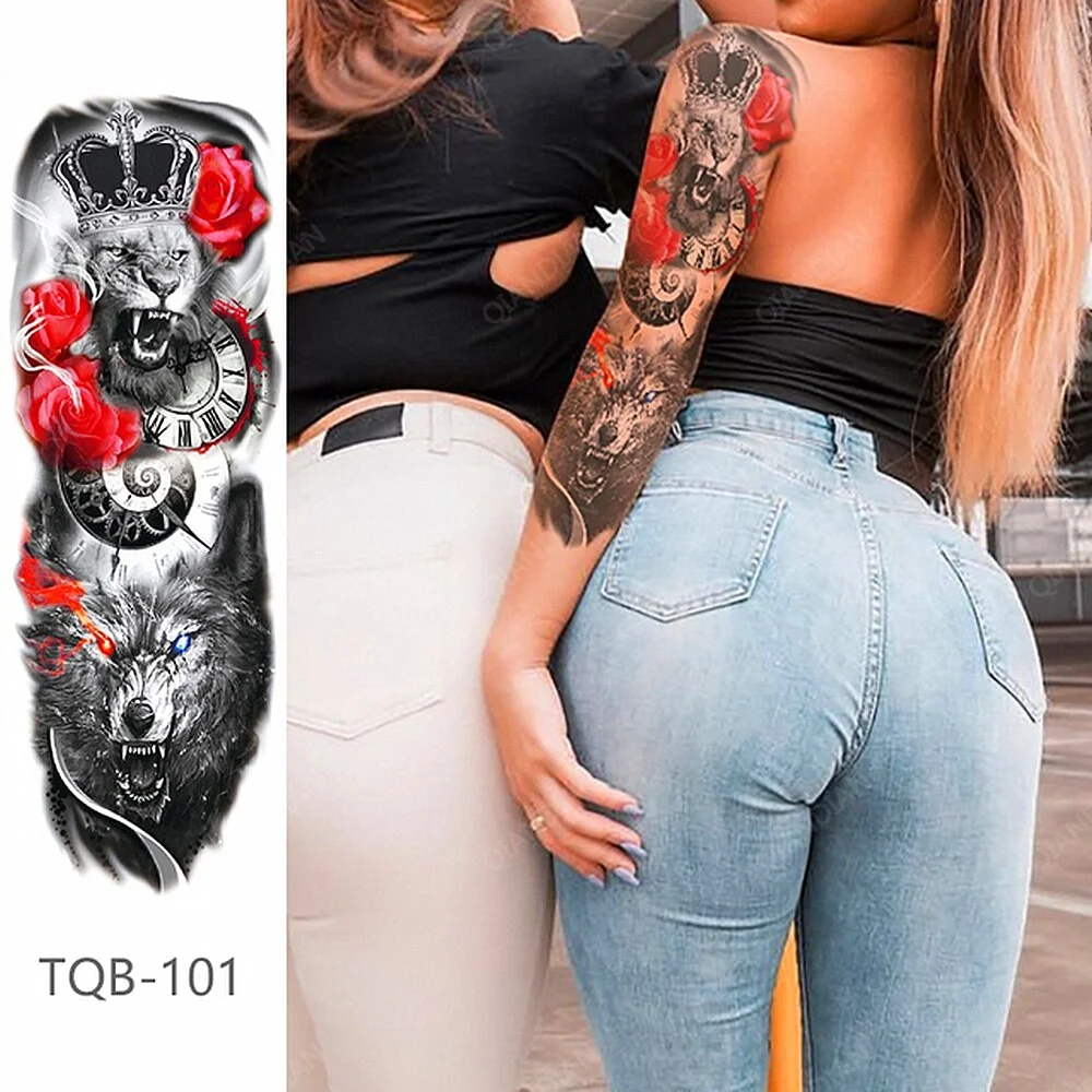 Full Arm Temporary Tattoo Lady Gun Eye Flower Tiger Lion Skull Eagle Women Body Leg Waterproof Sticker Cool Man Totem Sleeve
