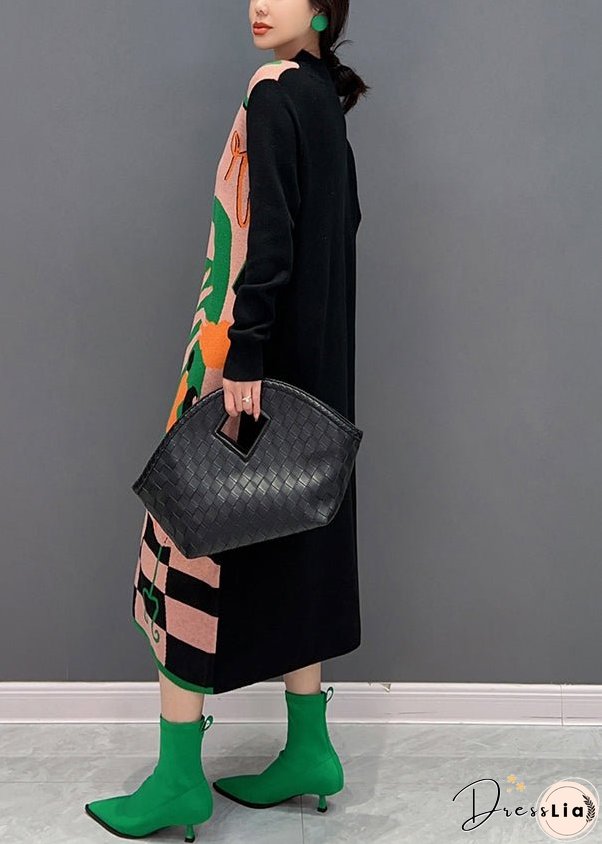 Vogue Green O-Neck Print Knit Maxi Dress Fall