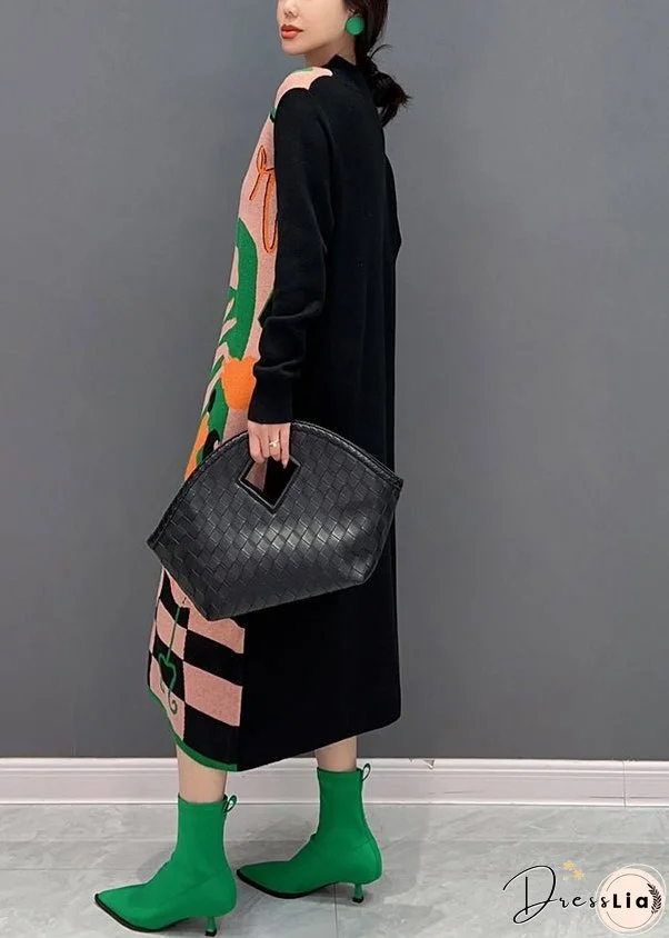 Vogue Green O-Neck Print Knit Maxi Dress Fall