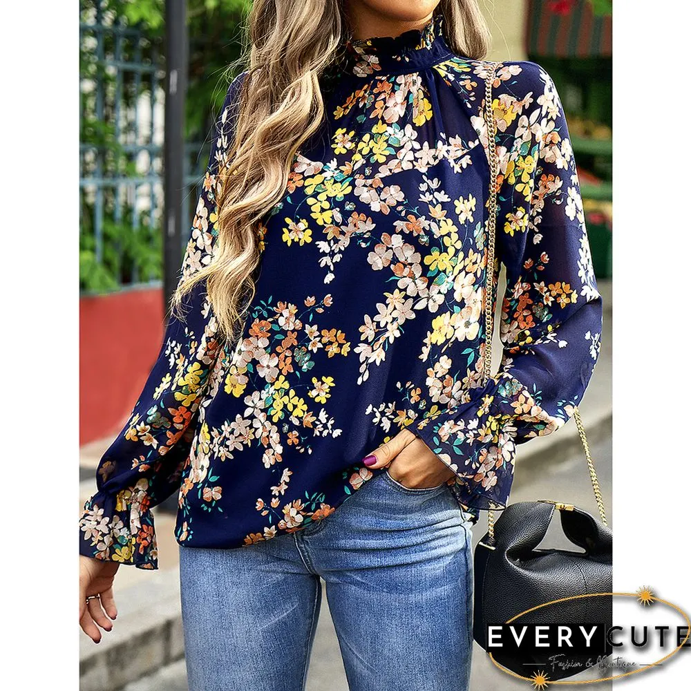 Navy Blue Floral Print Chiffon Long Sleeve Blouse