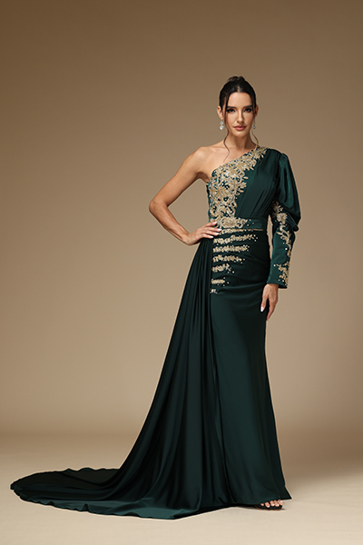 Ovlias One Shoulder Dark Green Prom Dress Long Sleeve With Lace Printing
