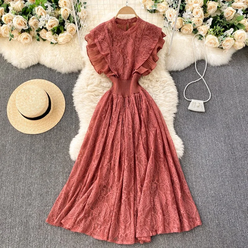 Croysier Dresses For Women 2022 Elegant Office Lady Ruffle Lace Dress Summer Clothes Sleeveless Round Neck Vintage Midi Dress