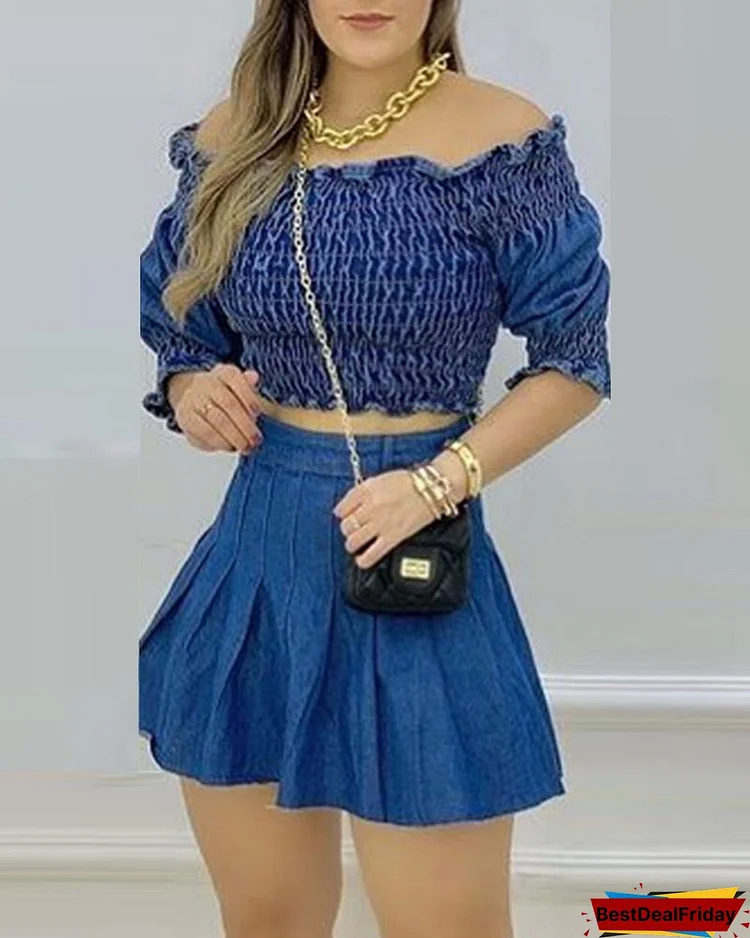 Solid Color Shirred Crop Top & Zip Back Skirt Set P4294357968