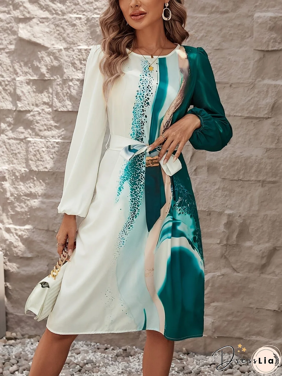 Color Block Belted Dress, Elegant Long Sleeve Dress For Spring & Fall, Women's Clothing