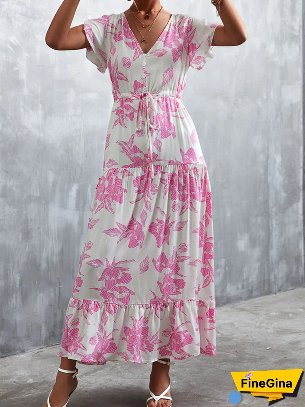 Women's Short Sleeve V-neck Floral Printed Dress