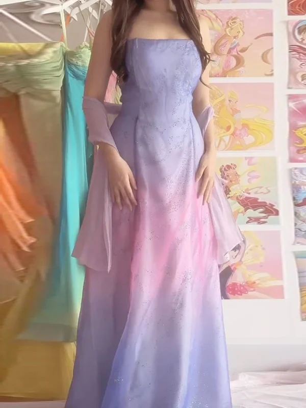 Gradient Color sequinned Sleeveless Spaghetti Neck Ruffled Maxi Dresses Fairytale Dress