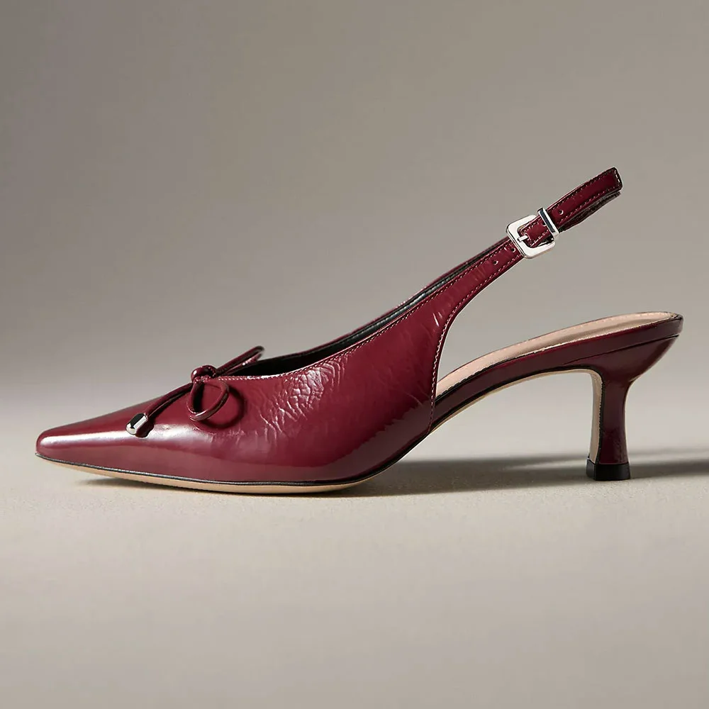 Maroon Patent leather Pointed Toe Slingback Cute Bow Pumps Shoes