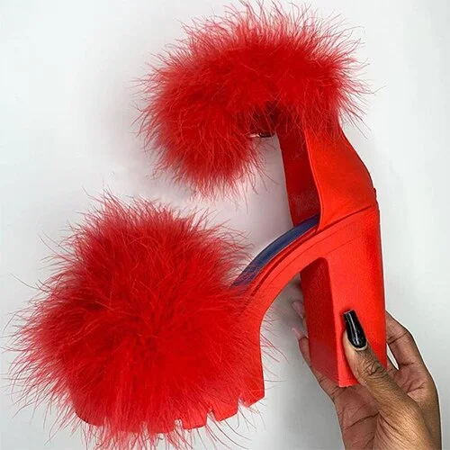 Back to college Women Sandals Fluffy High Heels Summer Fur Shoes 2022 Casual Ankle Buckle Fashion Shoes Non-Slip Outside Sandals Big Size 43