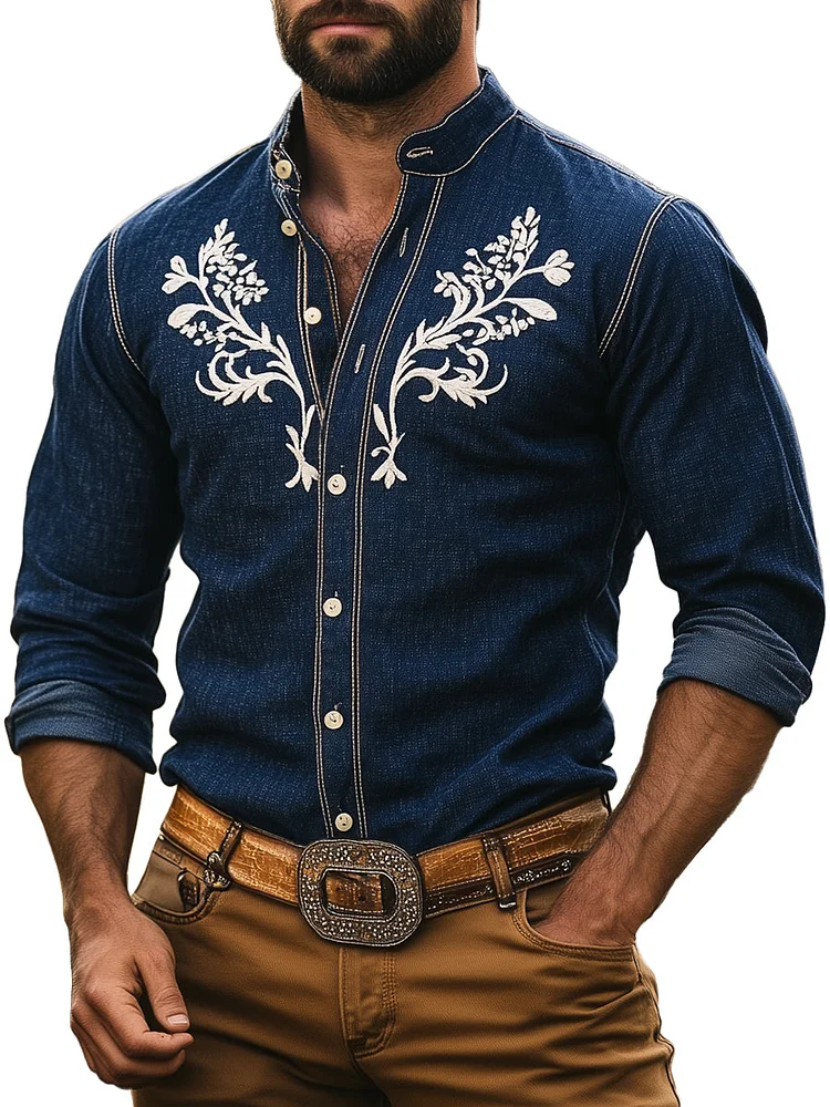Western Cowboy Style Embroidered Long Sleeve Shirt