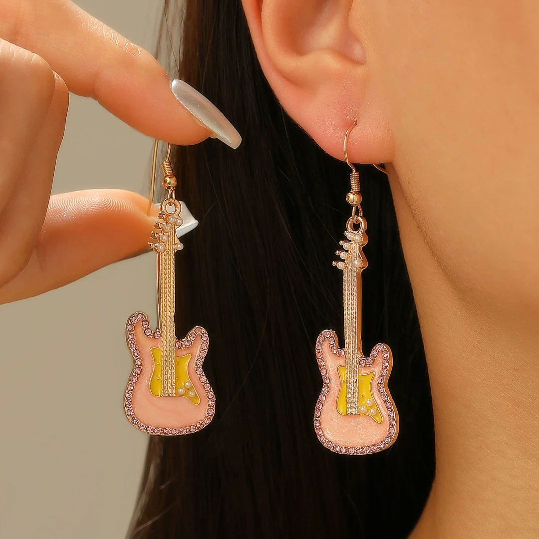 Oil Drip Zirconia Guitar Gold Plated Earrings
