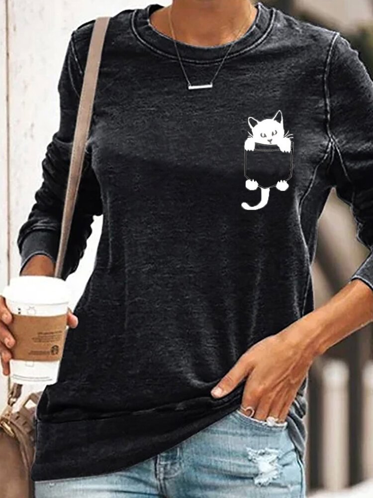 Cute Black Cat Print Long Sleeve O neck T shirt For Women P1762697