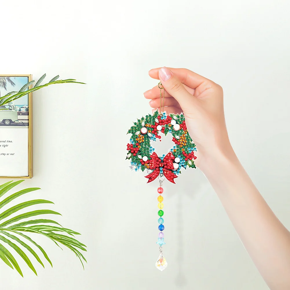 2pcs DIY Wreath Suncatcher Diamond Painting Art Pendant Christmas Home Windows Decor