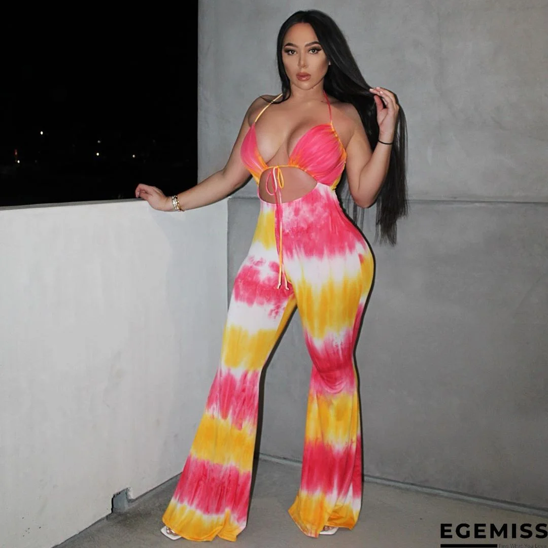 Rose Red Sexy Print Hollowed Out V Neck Skinny Jumpsuits | EGEMISS