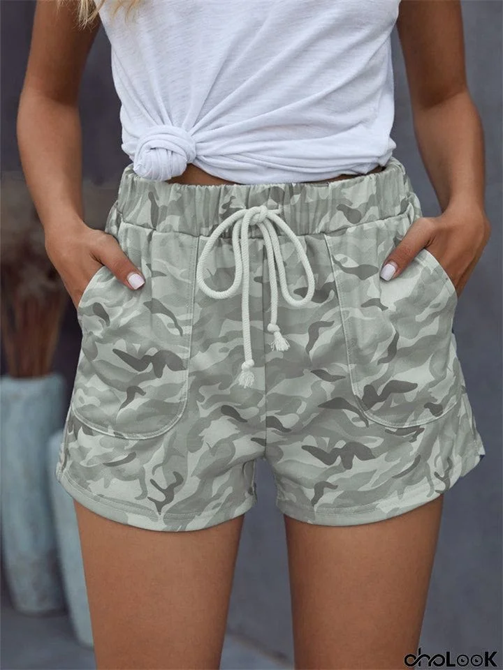 Relaxed Camo Print High-waisted Female Drawstring Shorts