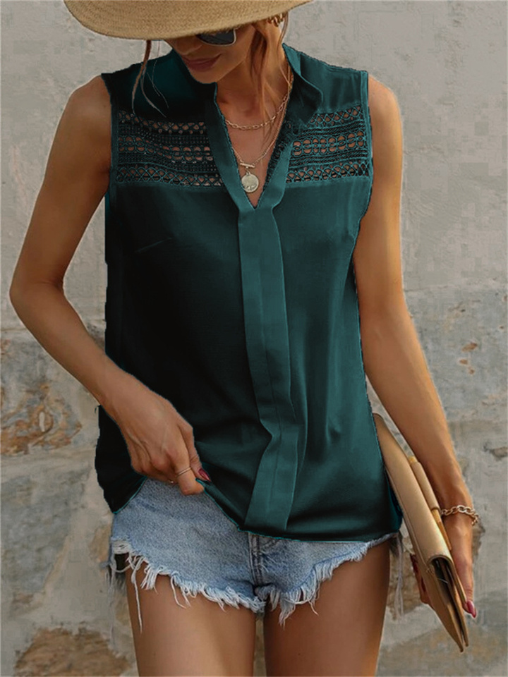 Spring and Summer New Solid Color V-neck Ladies Shirt Female Lace Hollow Loose Type Fresh Wind Tops Female