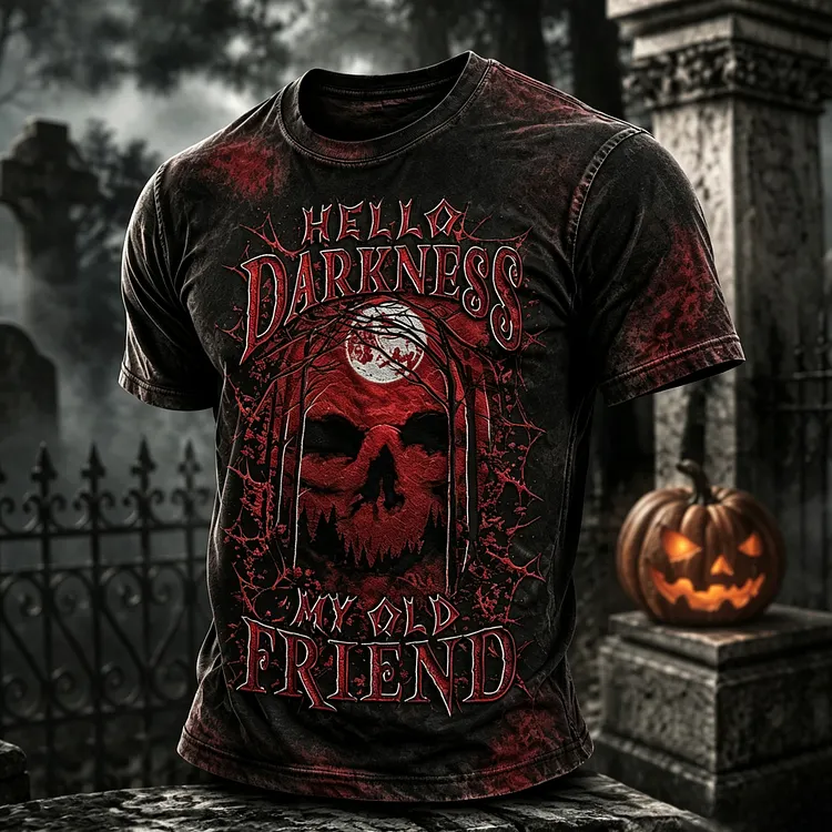 Men's Retro Halloween Theme "hello Darkness My Old Friend" Printed T-shirt