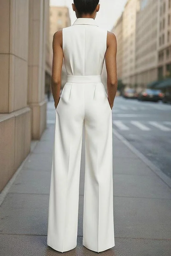 Fashion Lapel Sleeveless High Waist Tie Casual Pocket Wide Leg Jumpsuit