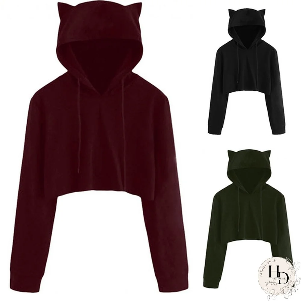 Cute Womens Sweatshirts Hoodie Crop Tops Solid Cat Ear Long Sleeve Cropped Sweatshirt Hooded Pullover