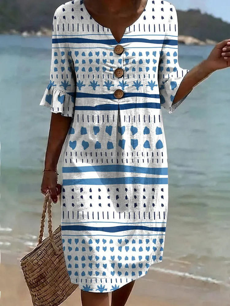 Women's Vintage Pattern Print Casual Button-down Cotton Dress