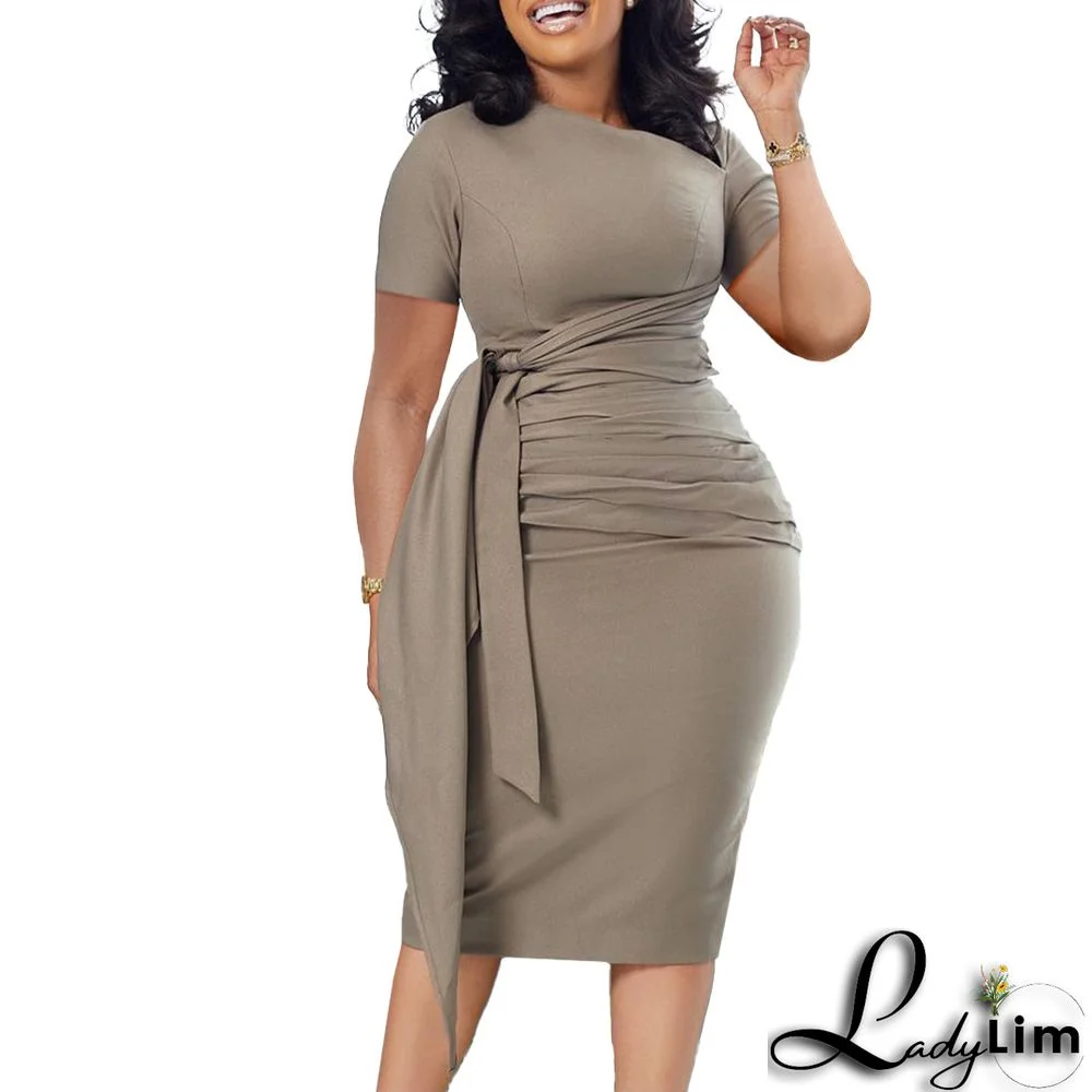 African Women Summer Short Sleeve Pleated Lace-Up Slash Shoulder Dress