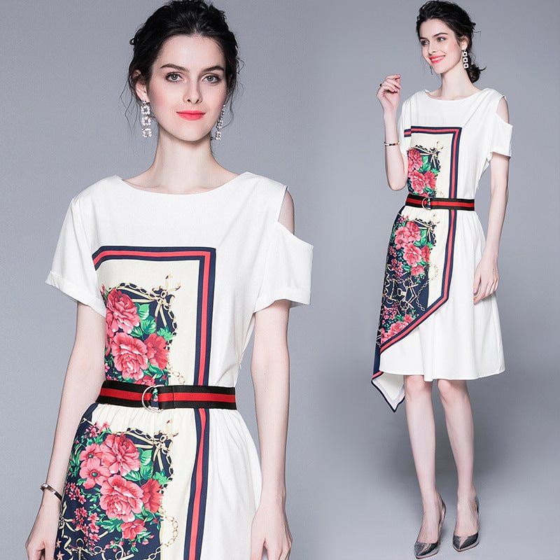 Summer Clothing Fashion Shoulder-baring Stitching Printing Silk Scarf Irregular Dress