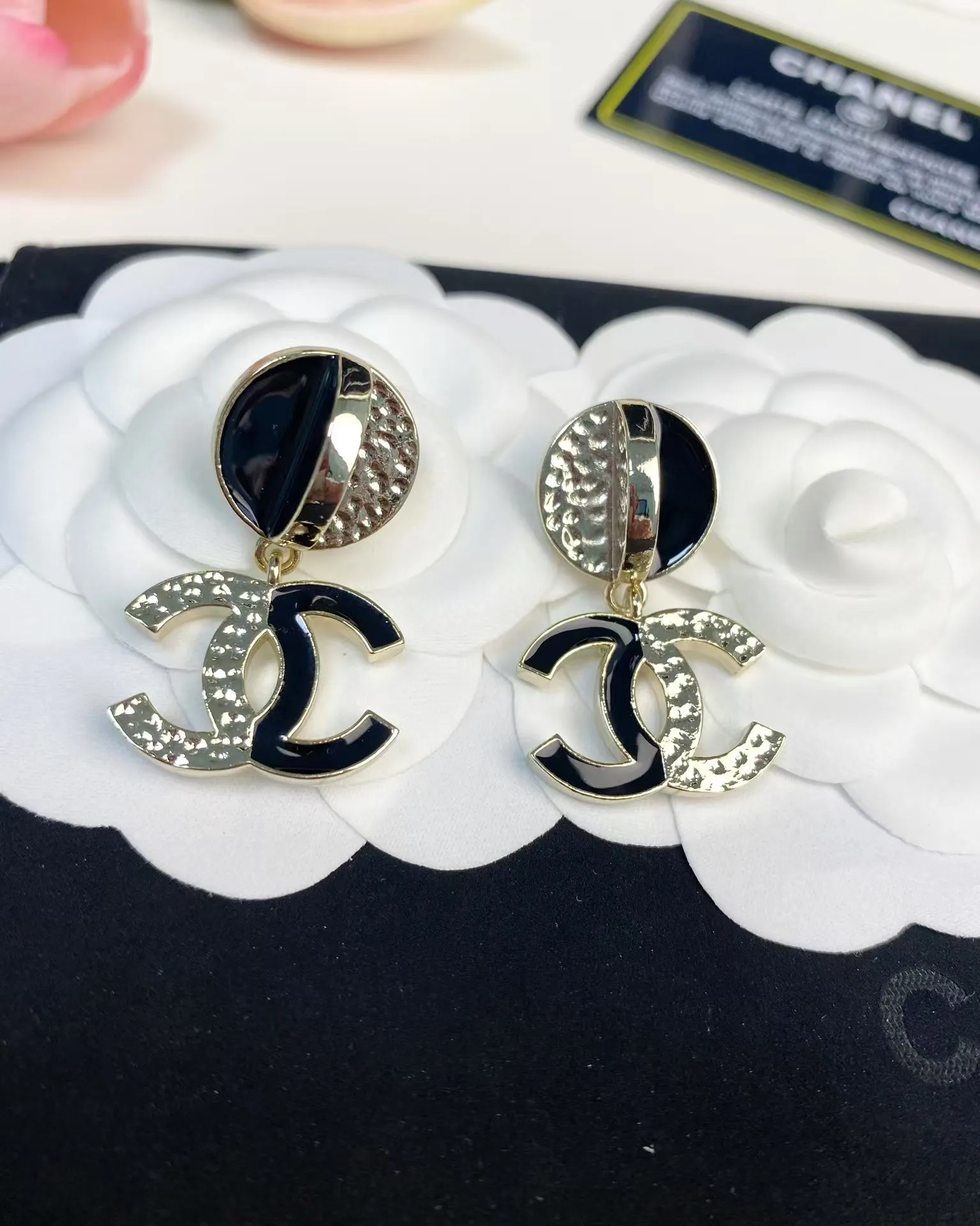 Chanel Half Black Enamel Double C Dangle Earrings