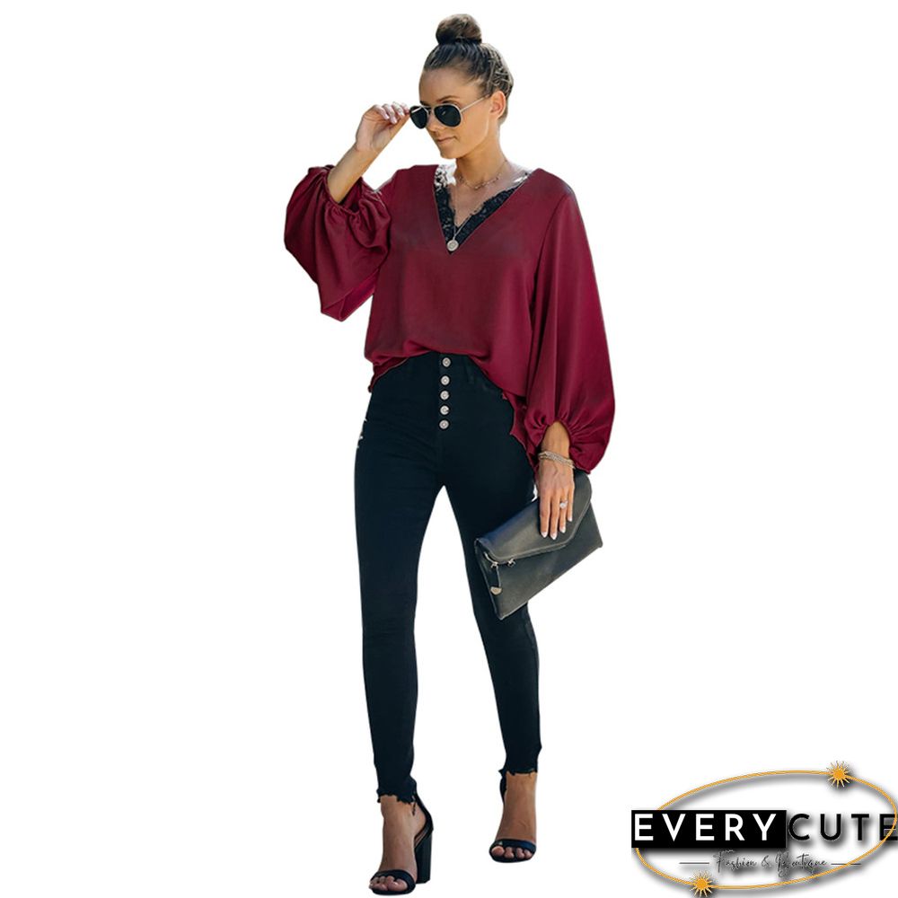 Wine Red Splice Lace V Neck Lantern Long Sleeve Tops