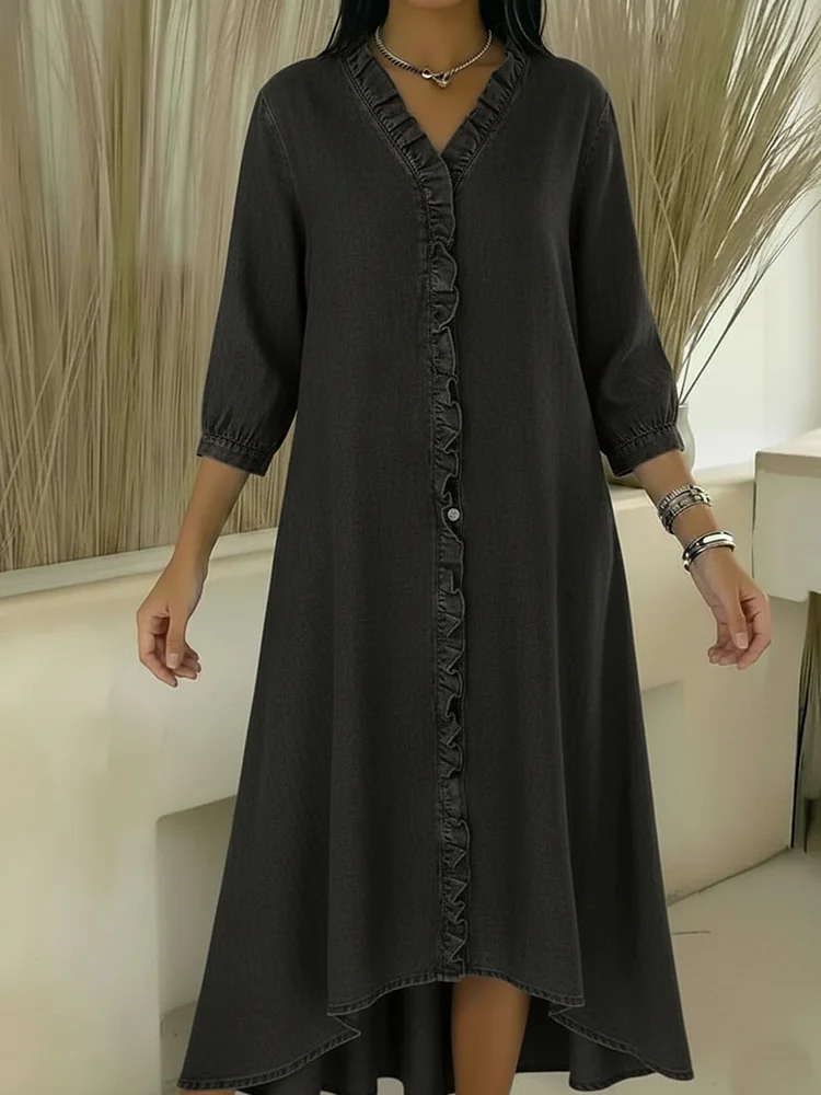 Casual Denim V-neck Ruffled Dress socialshop