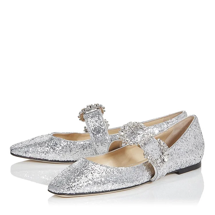 Silver Glitter Buckle Comfortable Flats |FSJ Shoes