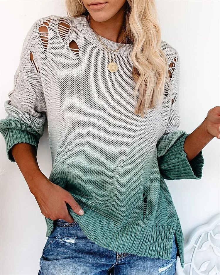 Ombre Chunky Knit Ripped Split Hem Sweater - Shop Trendy Women's Clothing | LoverChic