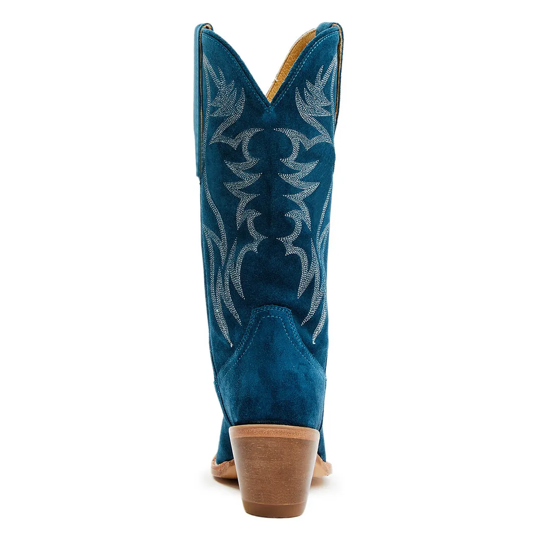 Vegan Suede Chunky Heel Embroidered Wide Calf Cowgirl Boots in Teal