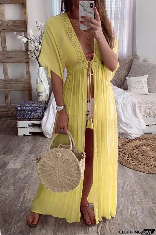 Crochet Lace Insert Long Cardigan