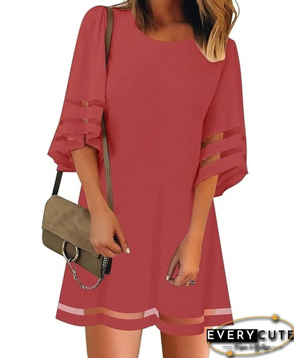 New summer womens short sleeve Round-neck flared casual dress solid color patchwork