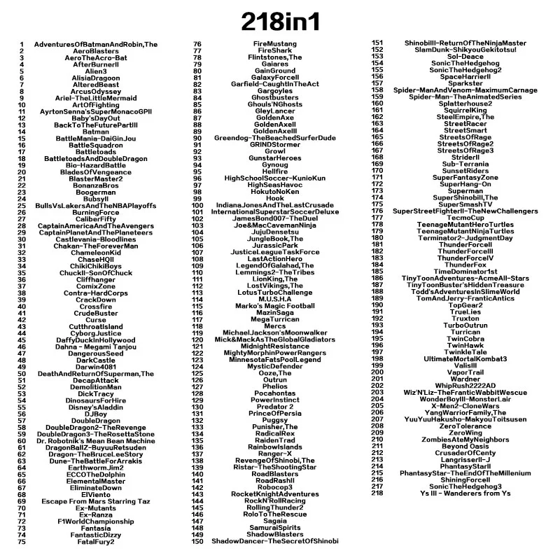 16 Bit Game Cartridge - 218 IN 1 Classic Collection Genesis/MEGA DRIVE Remix Mulit Cart - Region Free