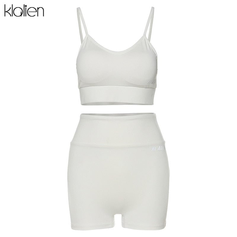 KLALIEN Sexy Casual Camisole and Short 2 Piece Set Women Streewear Fitness Outfit Sportswear Summer Beach Cotton Tracksuit Women