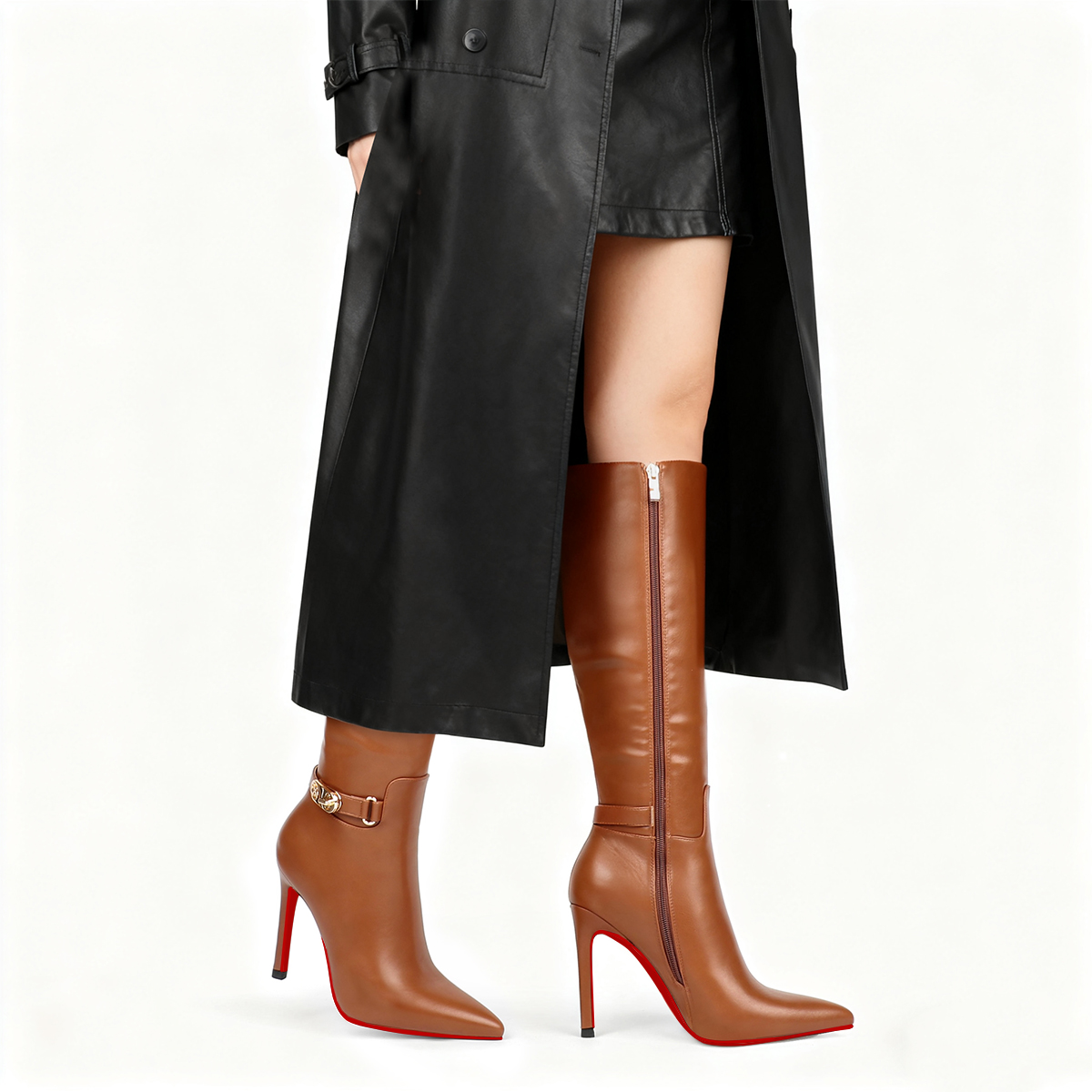 100mm Fashion Zipper Red Bottoms High Heels Metal Buckle Knee Boots-vocosishoes